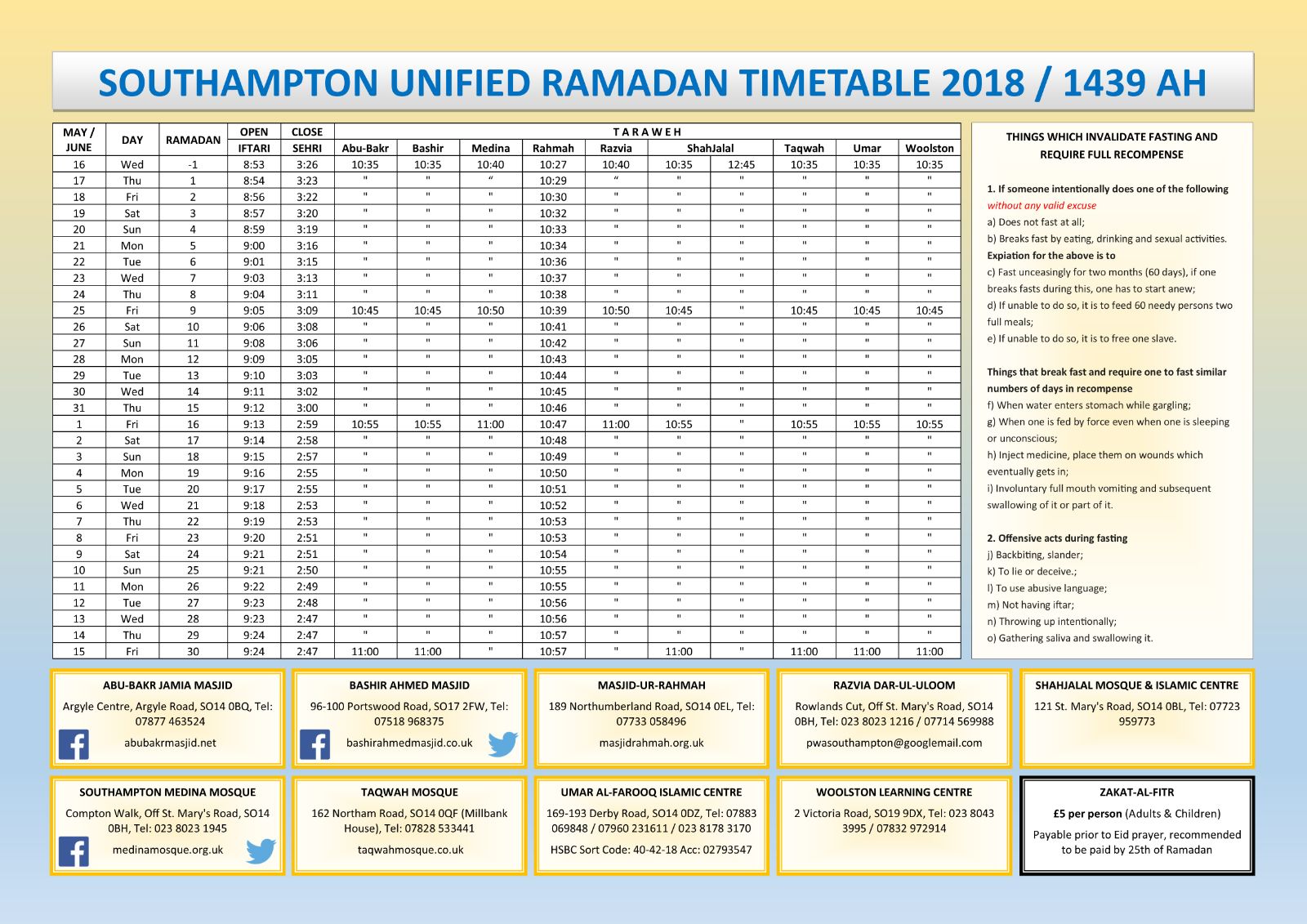 Abu Bakr Jamia Masjid Ramadan Time Table